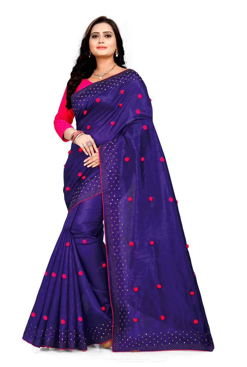 

MM VENTURE Blue Paper Silk Pumpum Work And Hot Fix Work Universal Designer Saree With Blouse