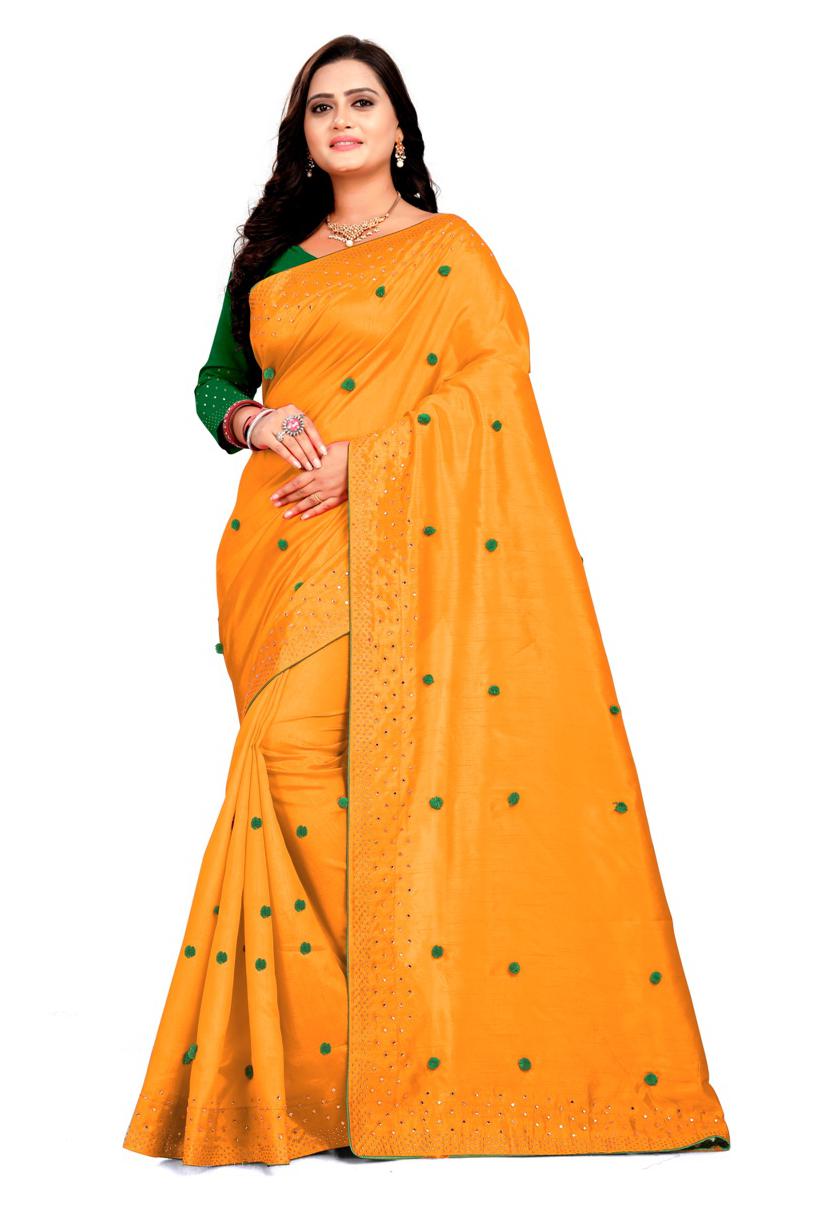 

MM VENTURE Mustard Paper Silk Pumpum Work And Hot Fix Work Universal Designer Saree With Blouse