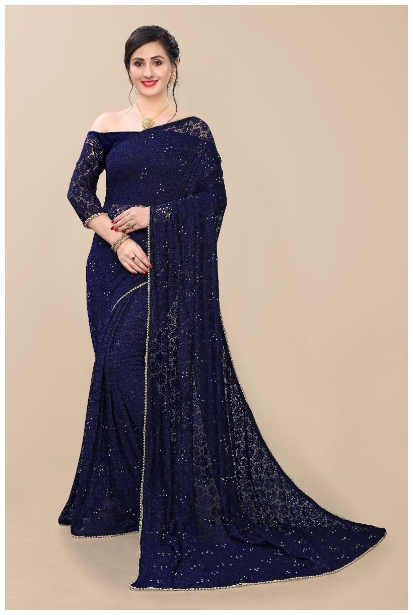 

MM VENTURE Net Blue Woven Designer Saree For Women