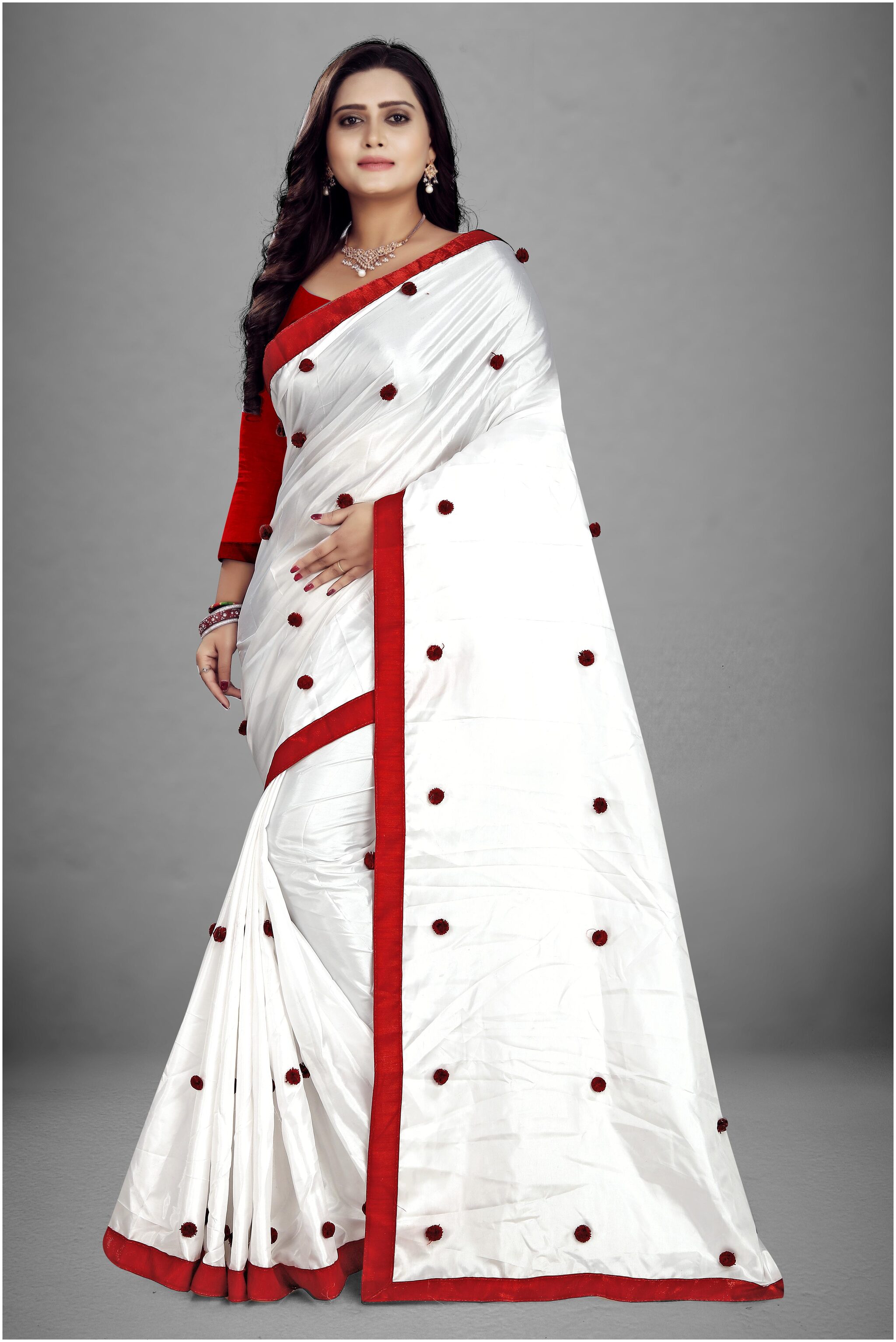 

MM Venture Pure White Paper Silk Satin Lace With Pompom Work Saree With Blouse Piece