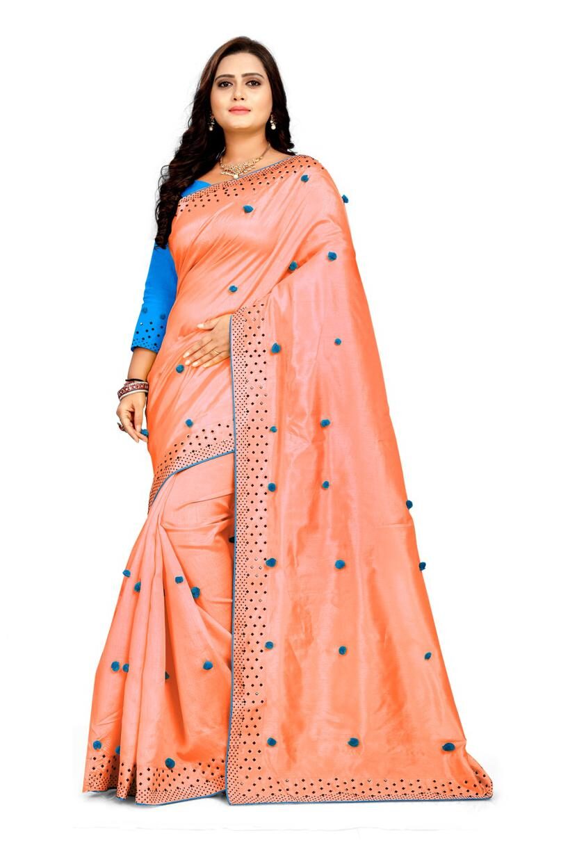 

MM VENTURE Peach Paper Silk Pumpum Work And Hot Fix Work Universal Designer Saree With Blouse