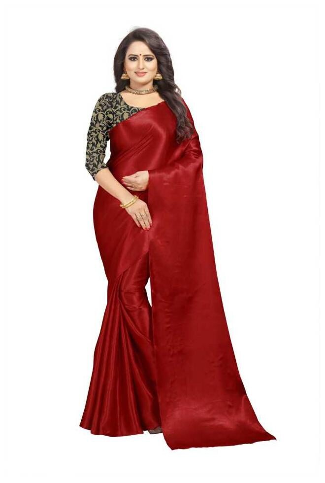 

MM Venture Plain Satin Silk Saree With Jaquard Blouse Piece For Women (Maroon)