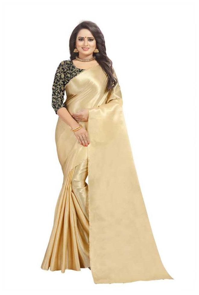 

MM Venture Plain Satin Silk Saree With Jaquard Blouse Piece For Women (Beige)