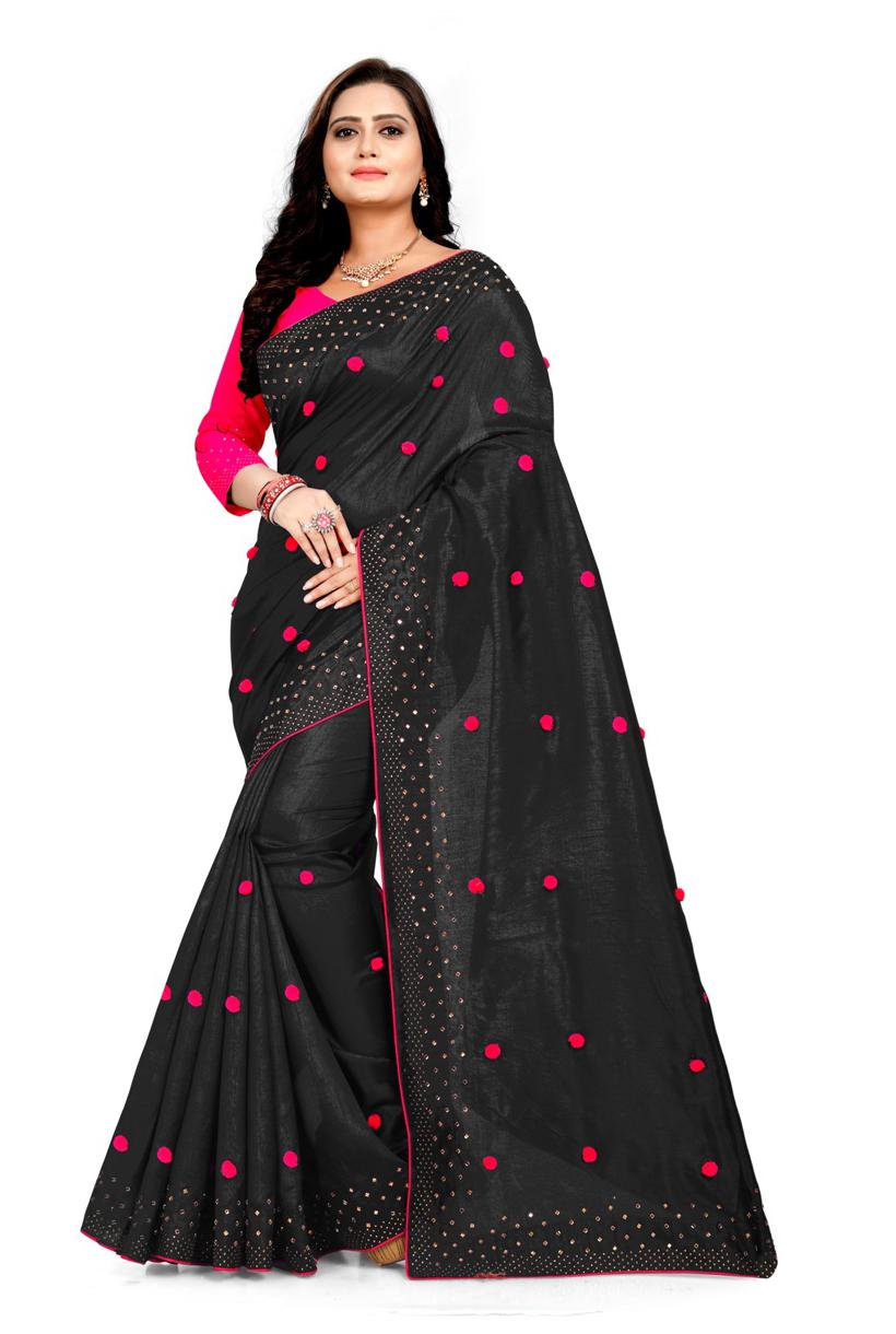 

MM VENTURE Paper Silk Pumpum Work And Hot Fix Work Universal Designer Saree With Blouse