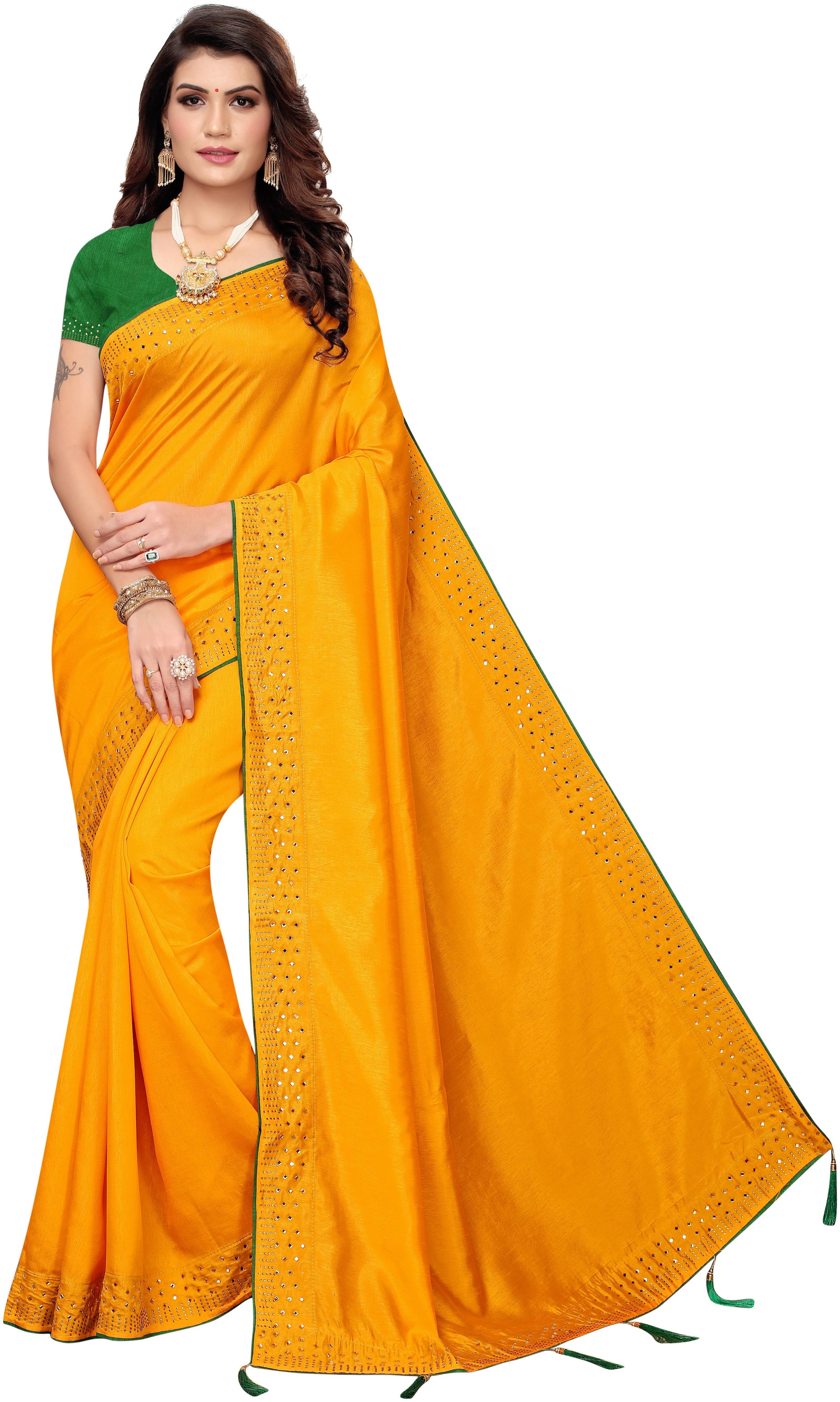 

MM VENTURE Paper Silk Hot Fix Work Universal Designer Saree With Blouse