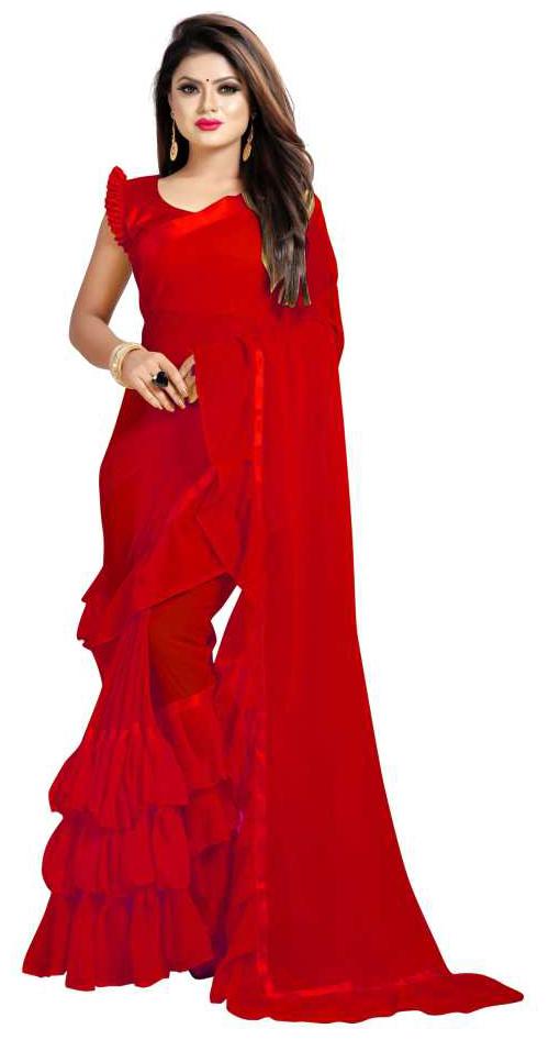 

MM Venture Red Ruffle Border Solid Georgette Saree