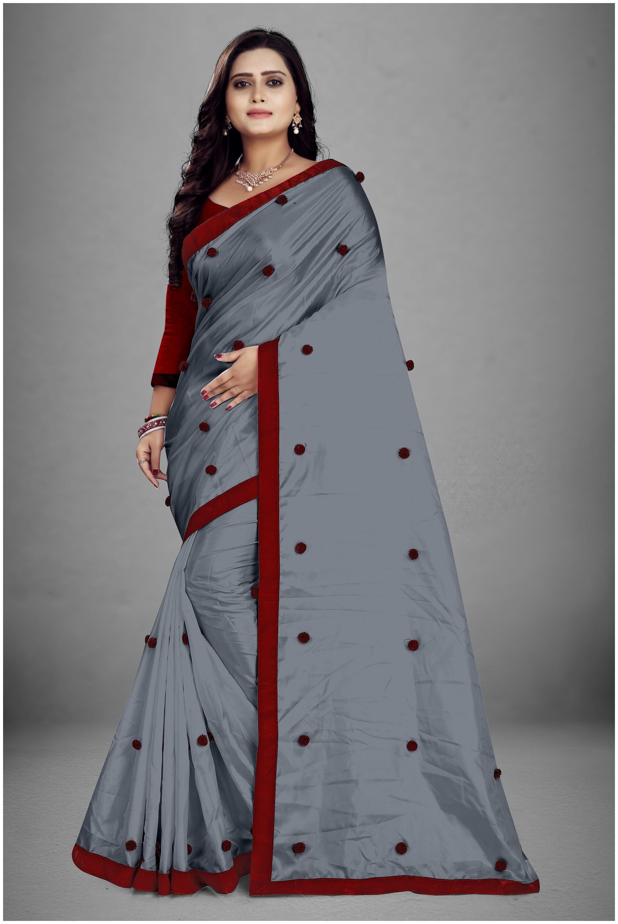 

MM VENTURE Silk Embroidered Grey Red Designer Saree For Women