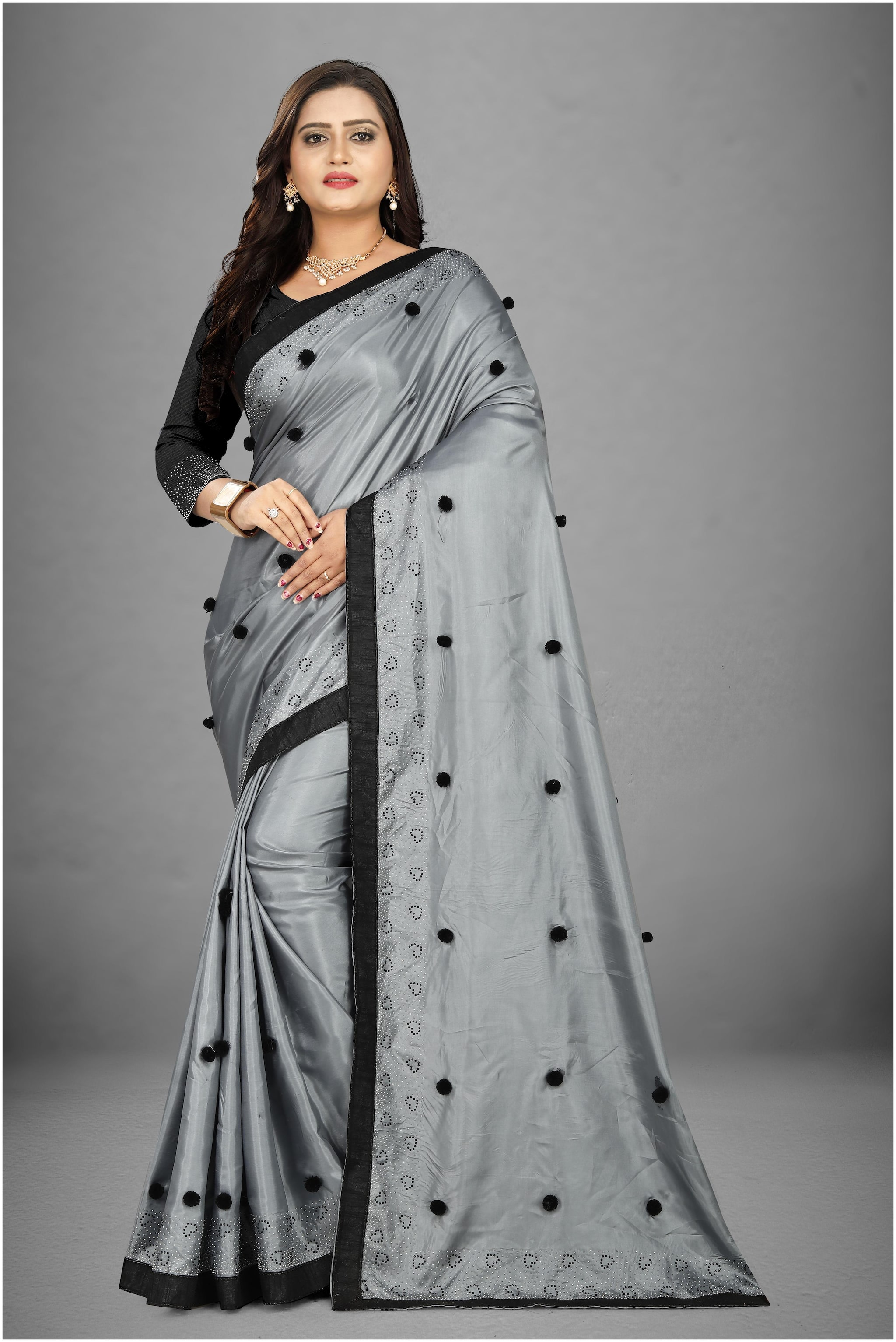 

MM VENTURE Silk Embroidered Grey Designer Saree For Women