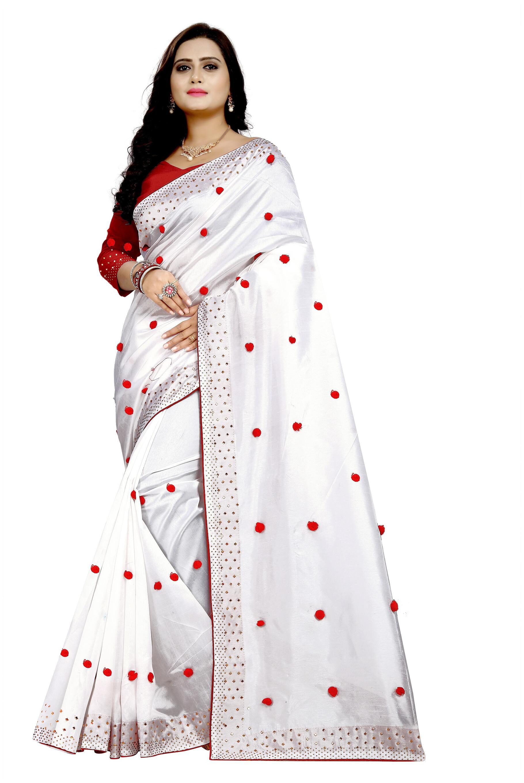 

MM VENTURE White Paper Silk Pumpum Work And Hot Fix Work Universal Designer Saree With Blouse