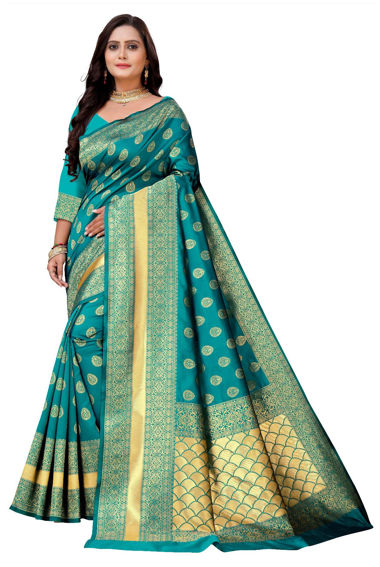 

MM VENTURE Women Jacquard Woven Turquoise Designer Saree With Blouse