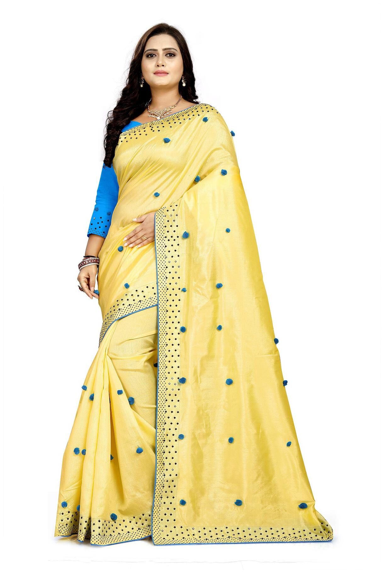

MM VENTURE Yellow Paper Silk Pumpum Work And Hot Fix Work Universal Designer Saree With Blouse