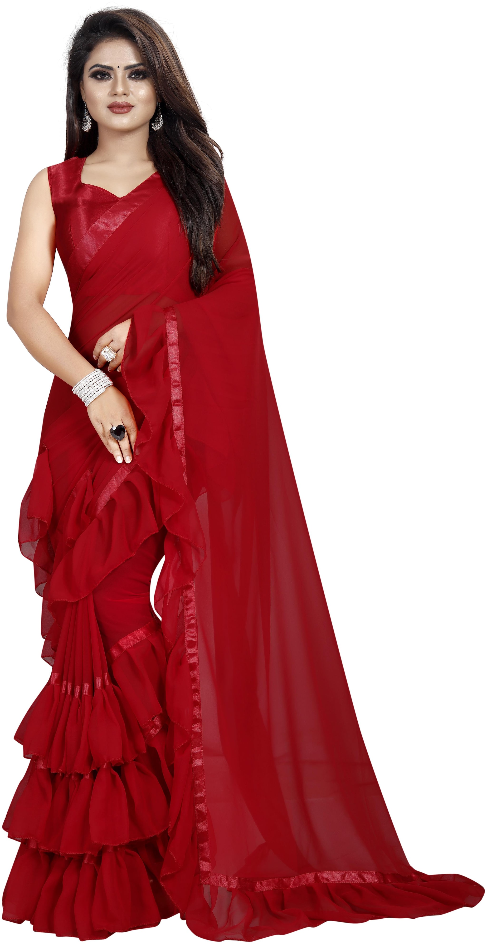 

Moah Red Solid Universal Designer Saree With Blouse With blouse