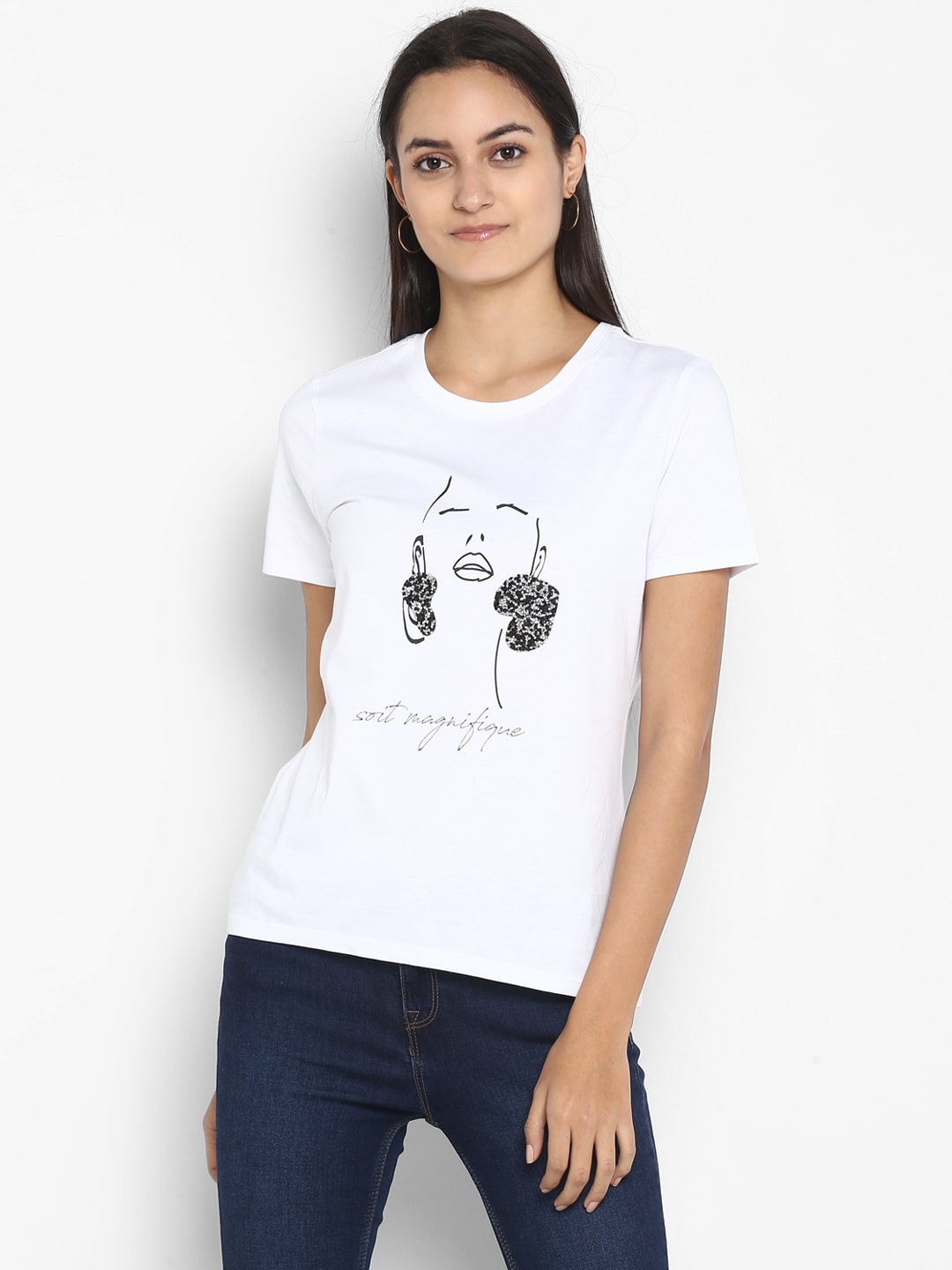 

Mode by Red Tape Women White Regular fit Round neck Cotton T shirt