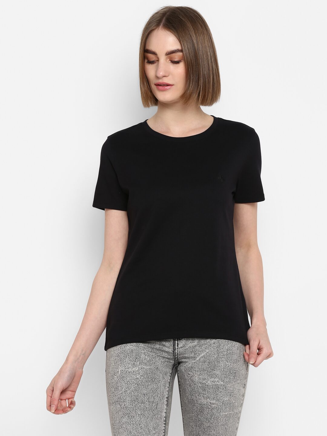 

Mode by Red Tape Women Black Regular fit Round neck Cotton T shirt
