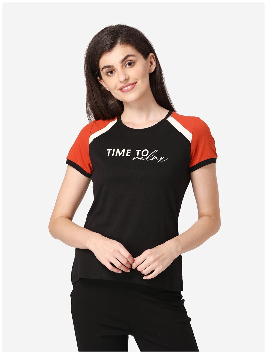 

Mode by Red Tape Women Black Regular fit Round neck Cotton T shirt