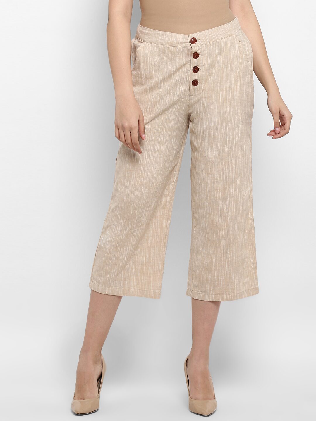 

Mode by Red Tape Women Cotton Solid Beige Cropped Pants