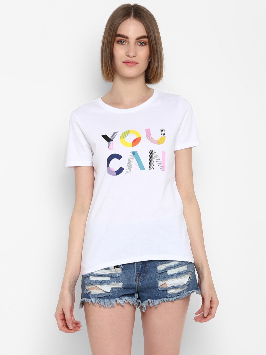 

Mode by Red Tape Women White Regular fit Round neck Cotton T shirt