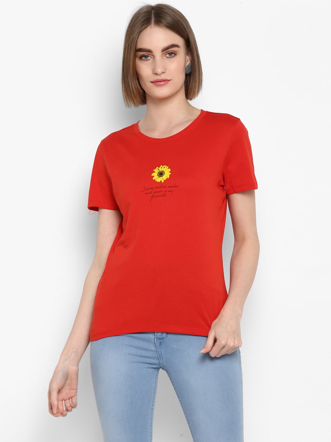 

Mode by Red Tape Women Red Regular fit Round neck Cotton T shirt