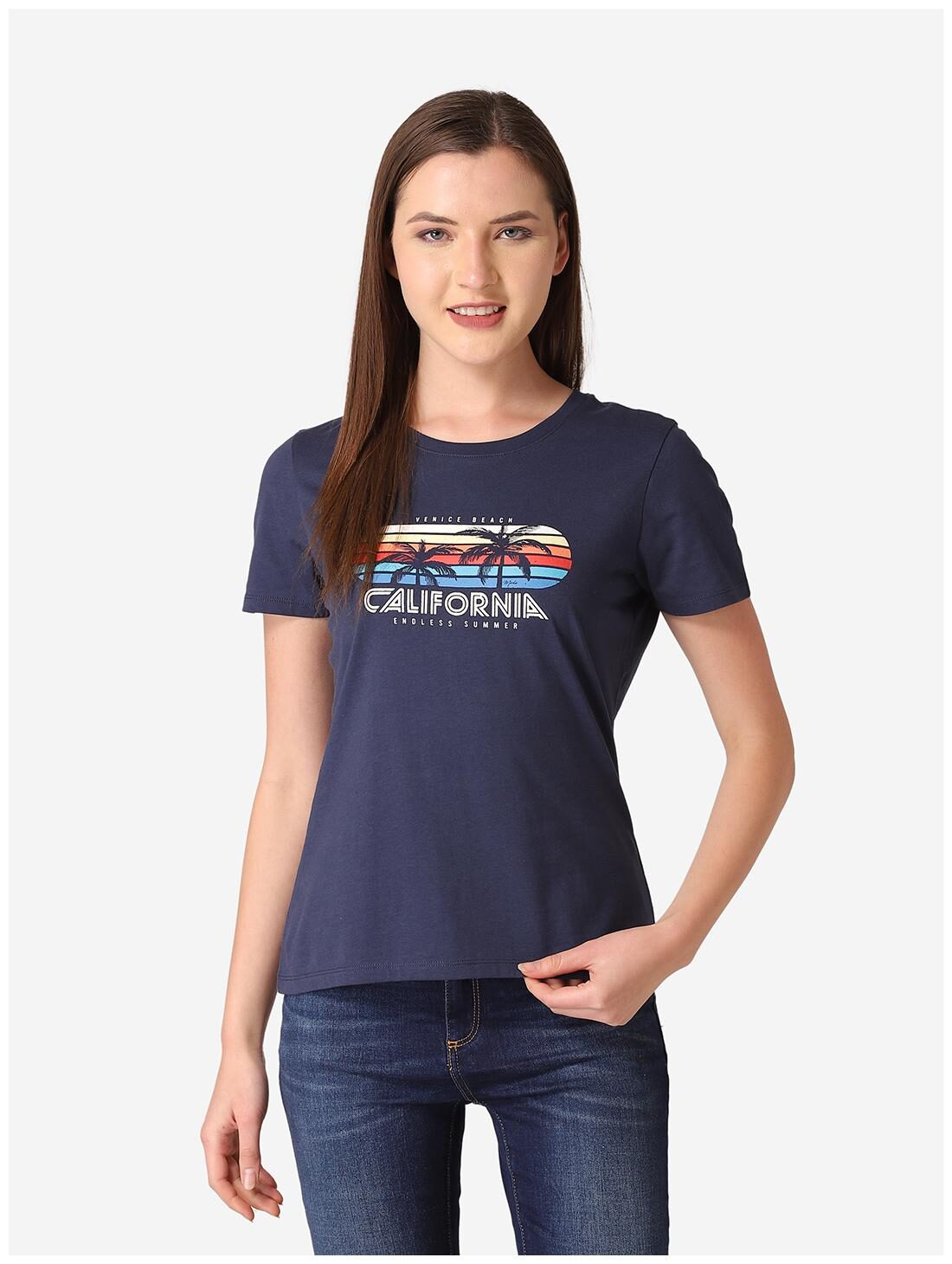 

Mode by Red Tape Women Round Neck Printed T Shirt (Navy Blue)
