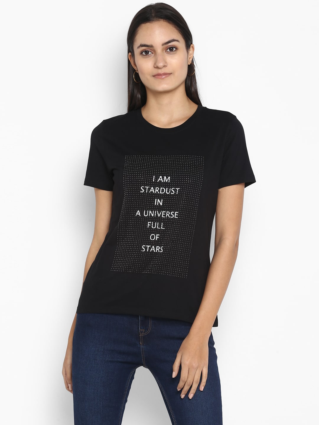 

Mode by Red Tape Women Black Regular fit Round neck Cotton T shirt