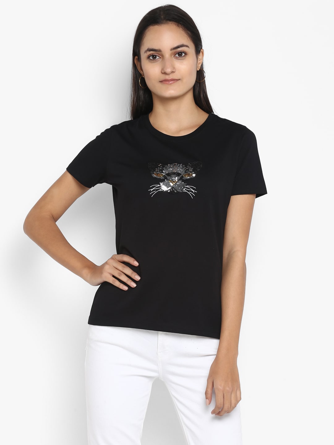 

Mode by Red Tape Women Black Regular fit Round neck Cotton T shirt