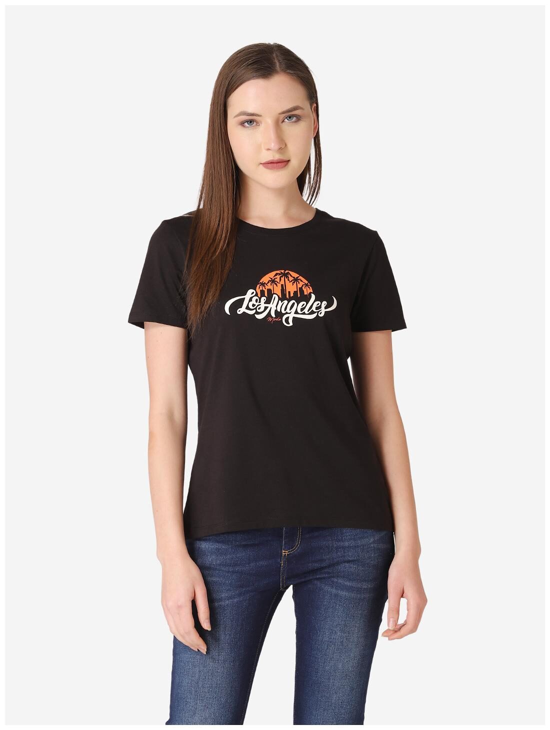 

Mode by Red Tape Women Black Regular fit Round neck Cotton T shirt