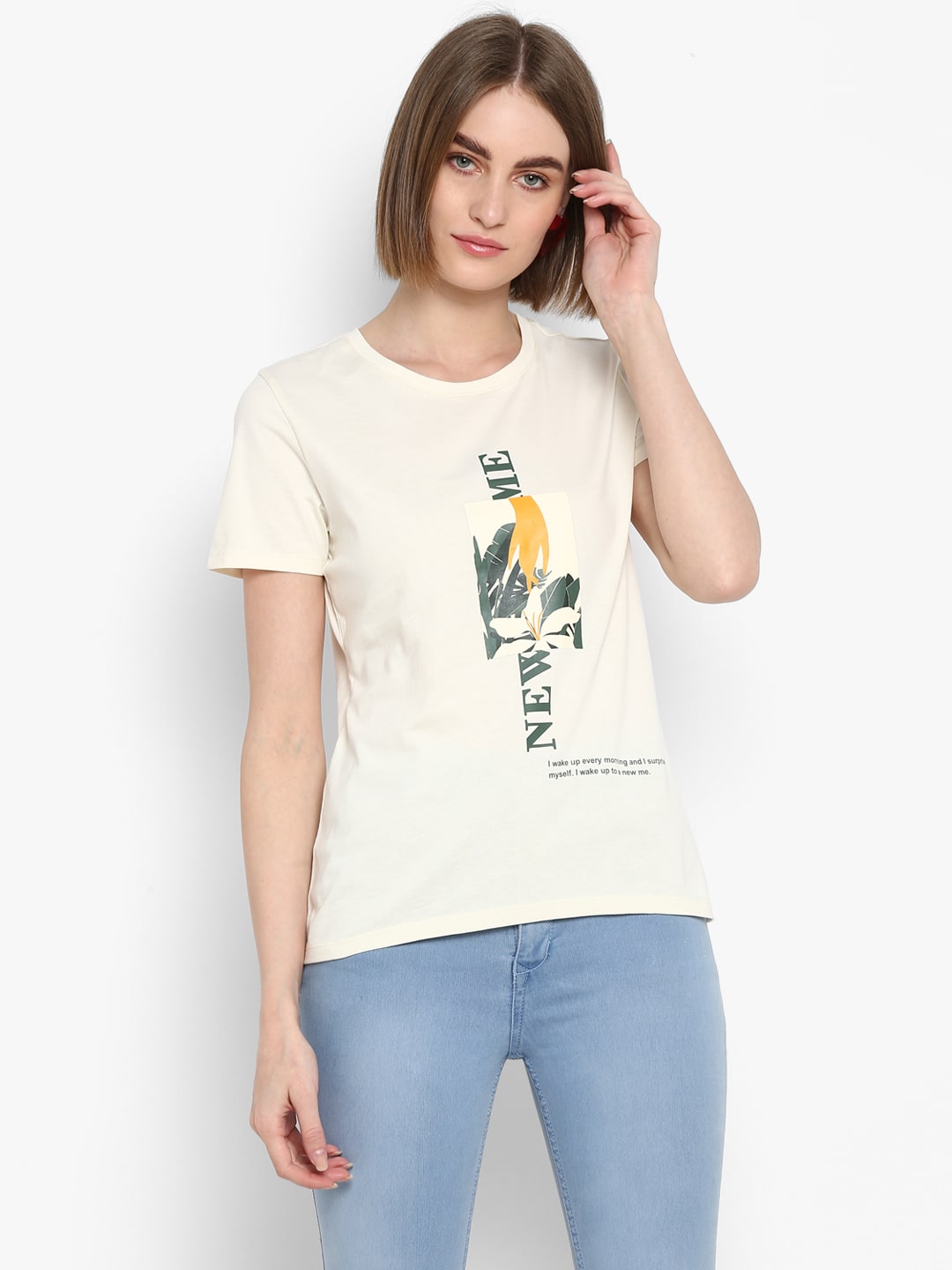 

Mode by Red Tape Women White Regular fit Round neck Cotton T shirt