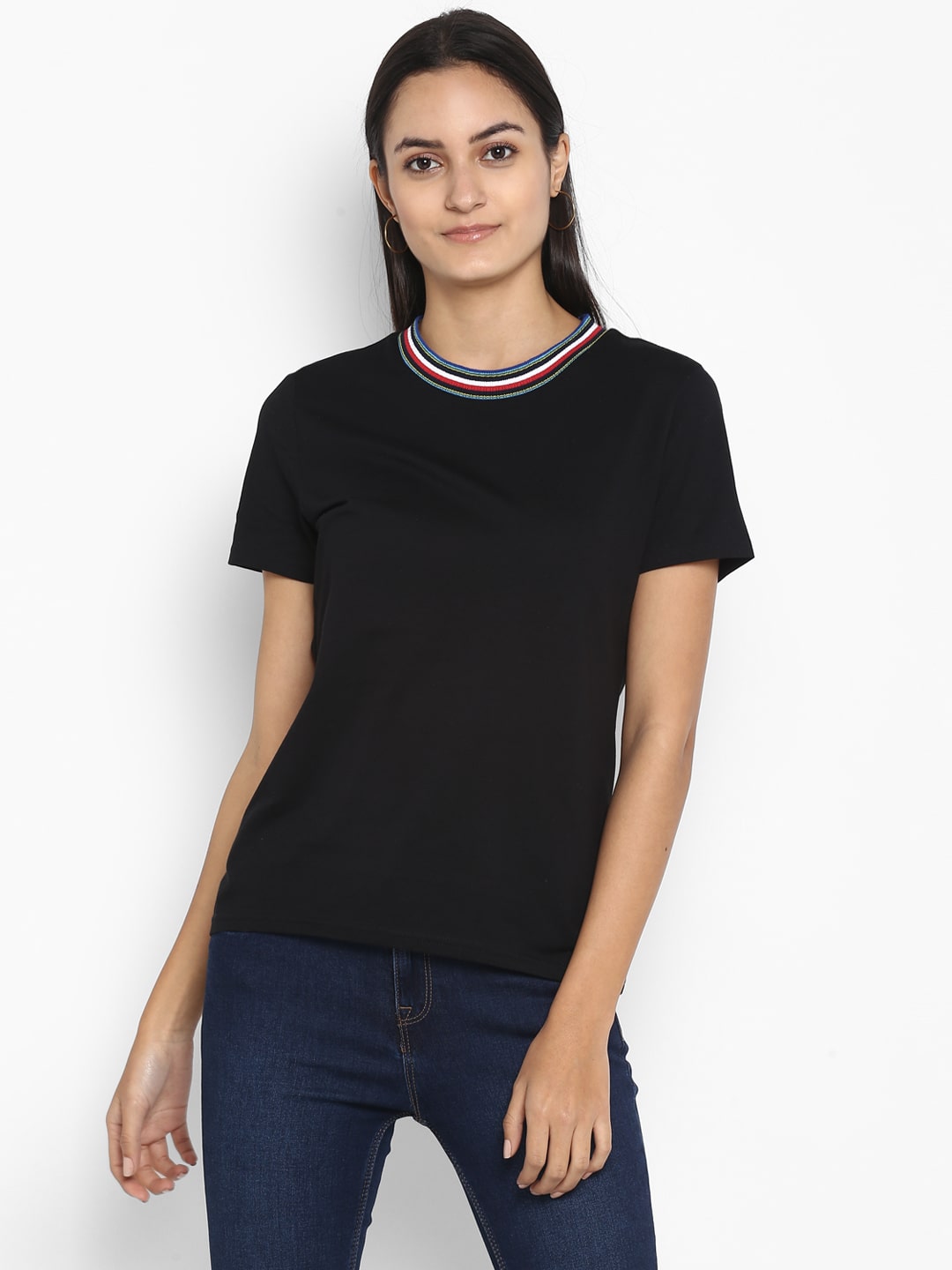 

Mode by Red Tape Women Black Regular fit Round neck Cotton T shirt