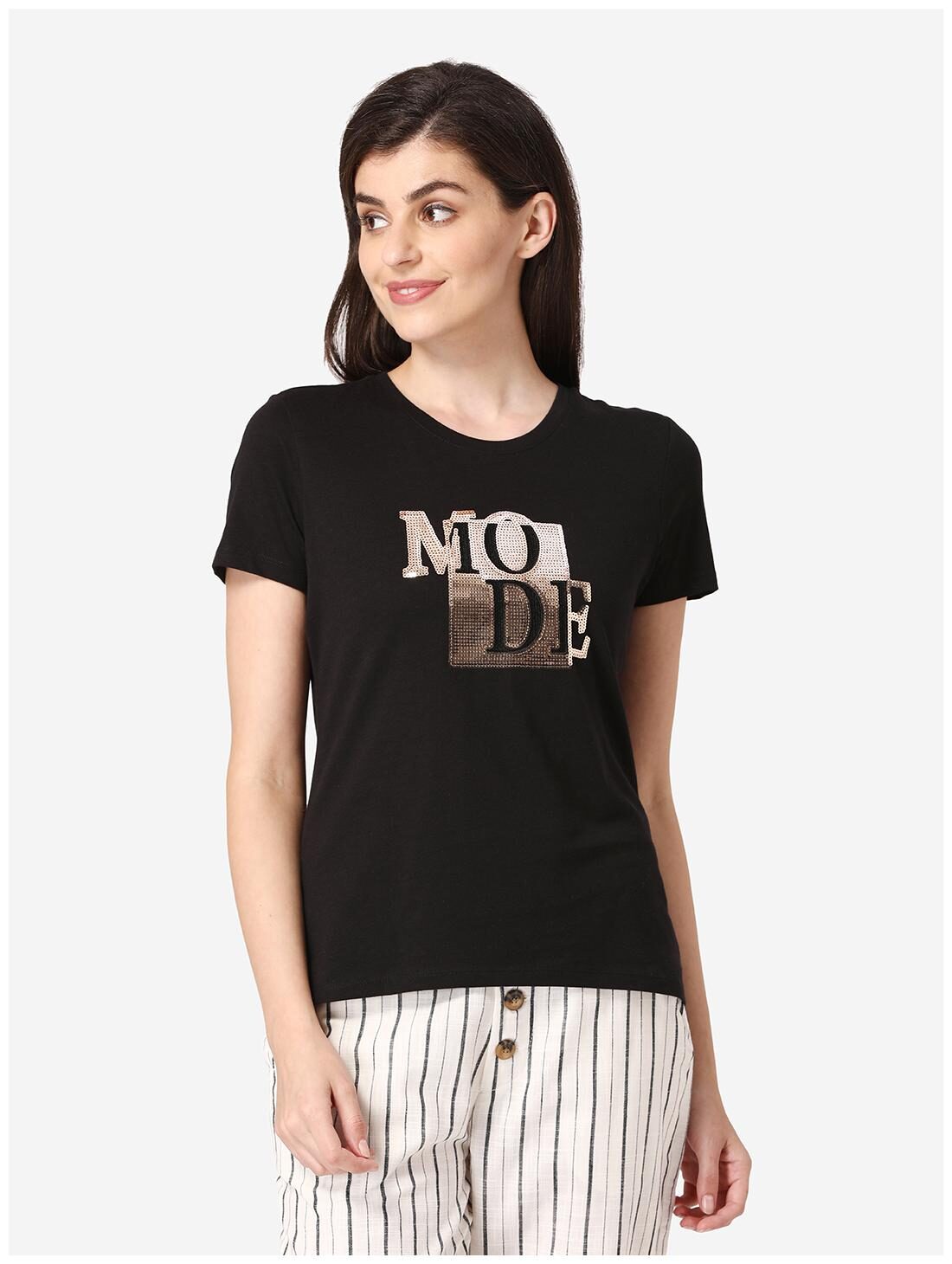 

Mode by Red Tape Women Black Regular fit Round neck Cotton T shirt