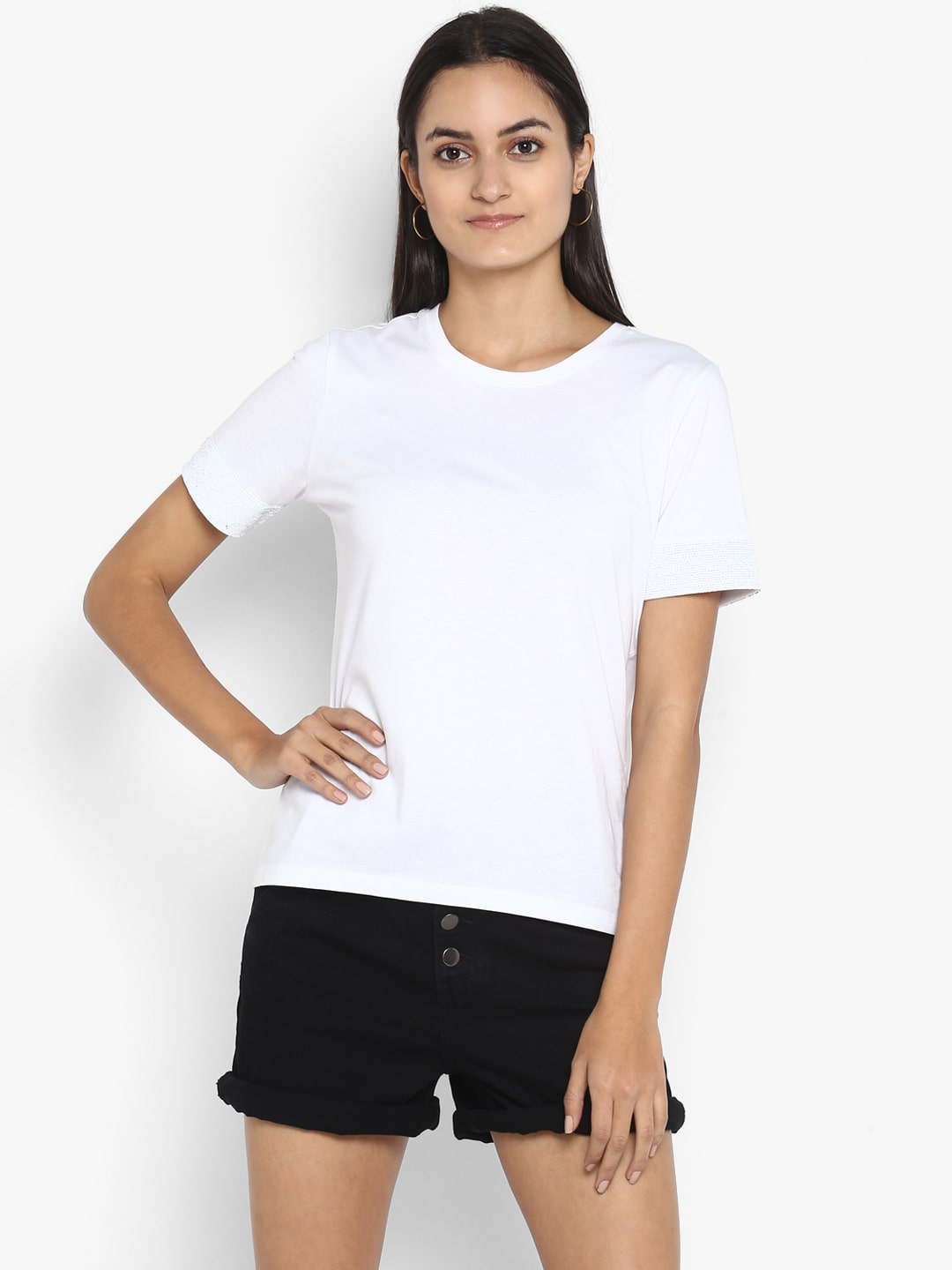

Mode by Red Tape Women White Regular fit Round neck Cotton T shirt