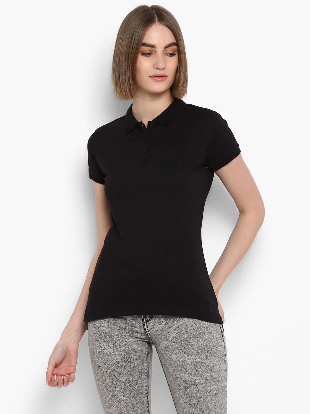 

Mode by Red Tape Women Black Regular fit Polo neck Cotton T shirt