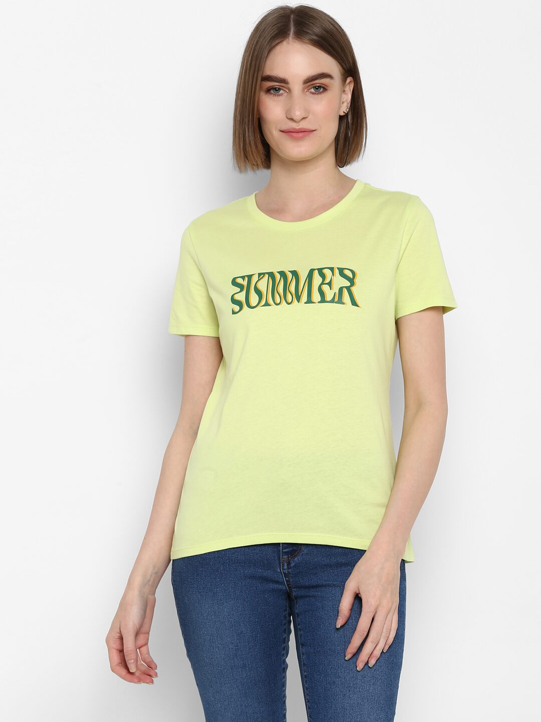 

Mode by Red Tape Women Green Regular fit Round neck Cotton T shirt