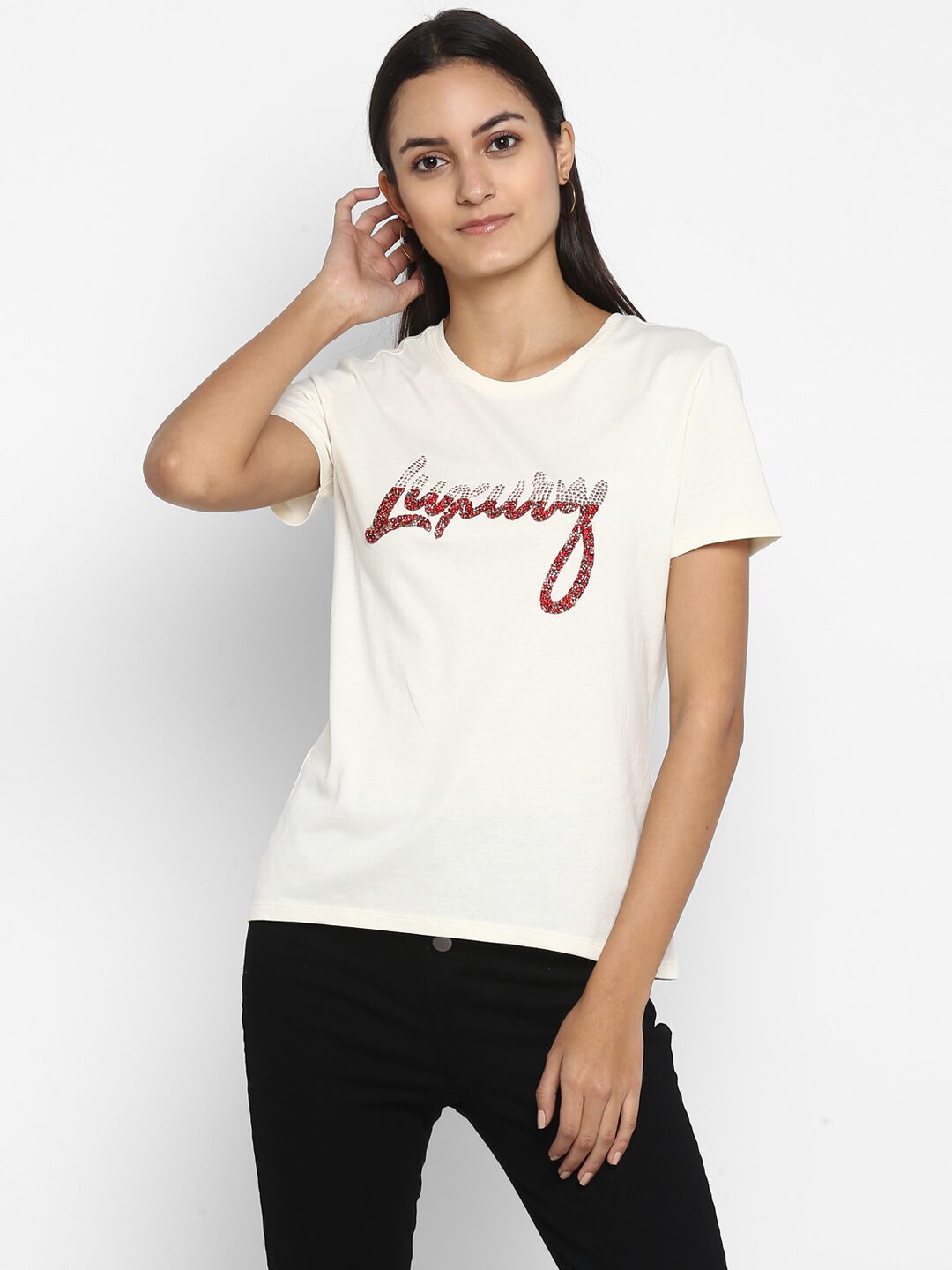 

Mode by Red Tape Women White Regular fit Round neck Cotton T shirt