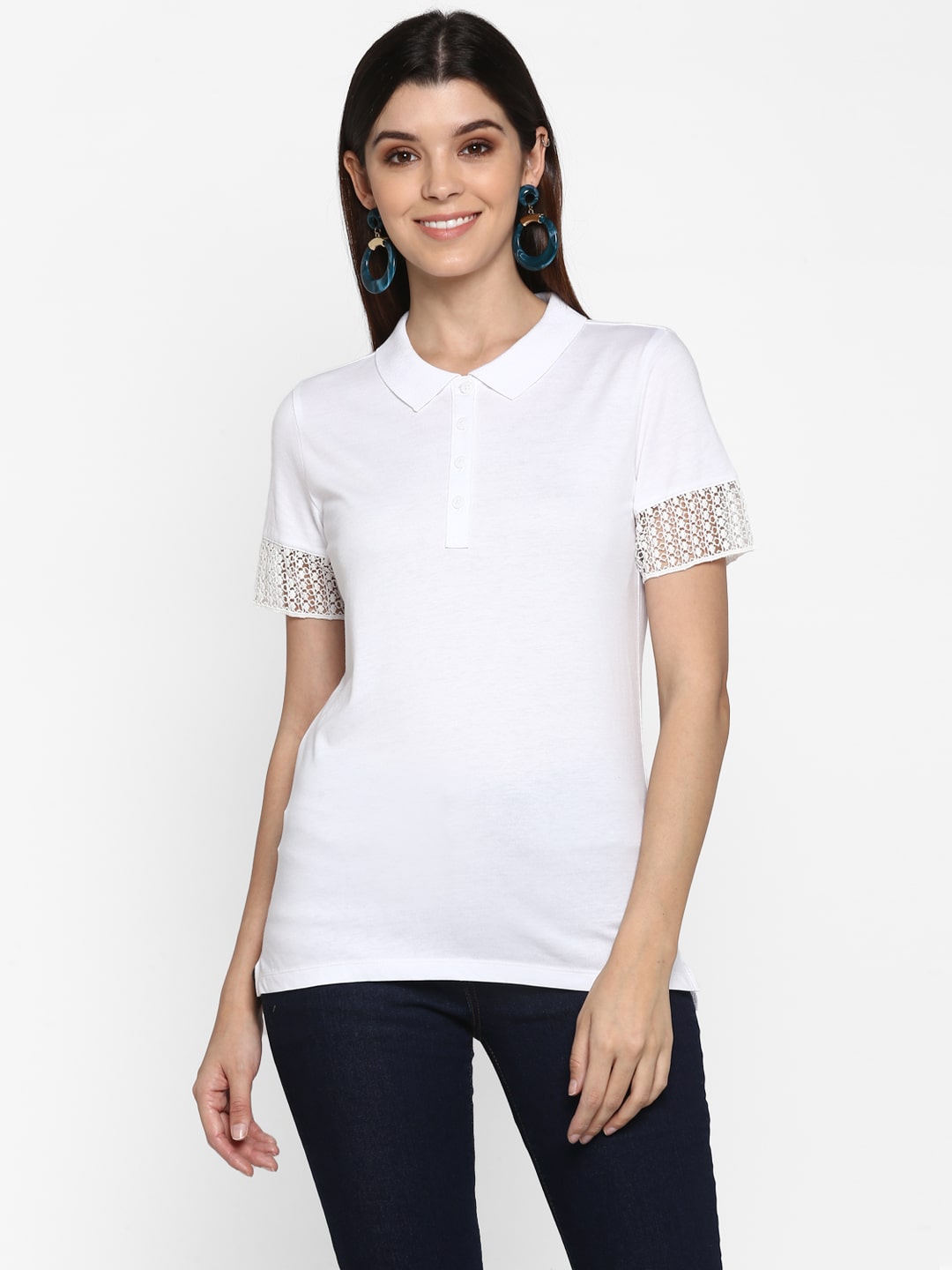 

Mode by Red Tape Women White Regular fit Polo neck Blended T shirt