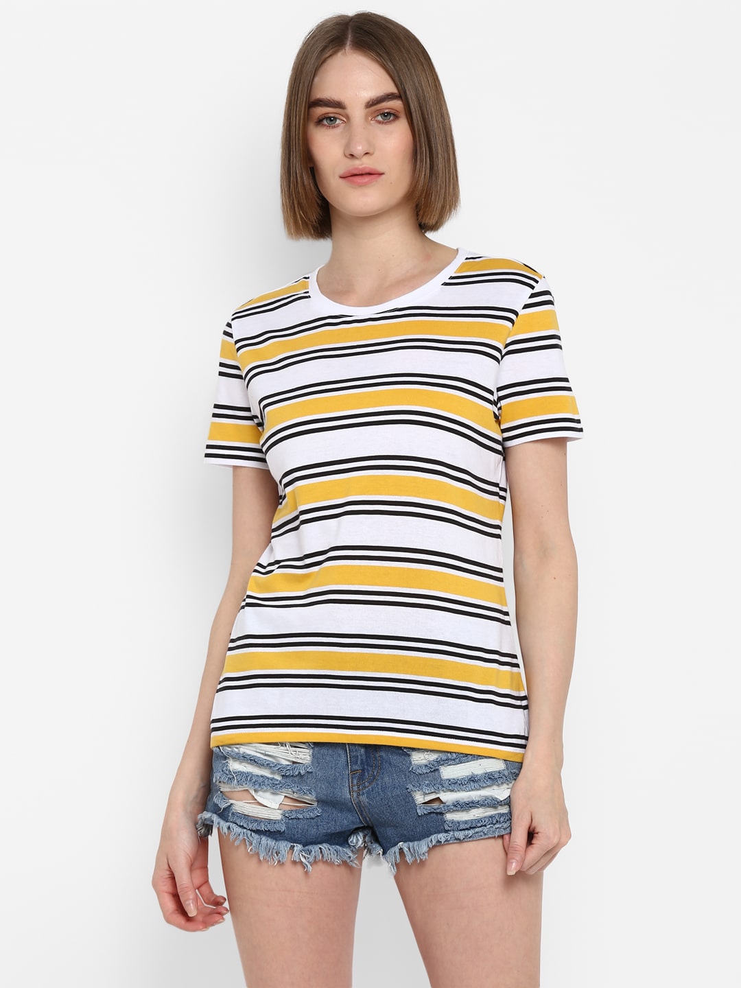 

Mode by Red Tape Women Yellow Regular fit Round neck Cotton T shirt