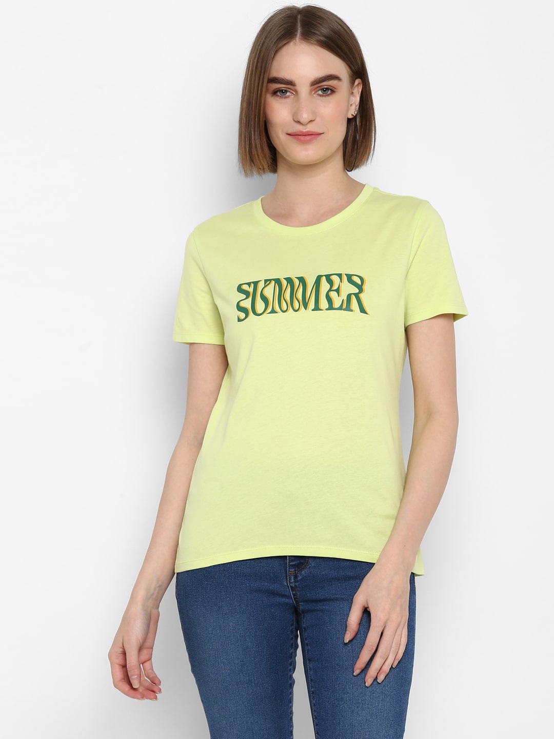 

Mode by Red Tape Women Green Regular fit Round neck Cotton T shirt