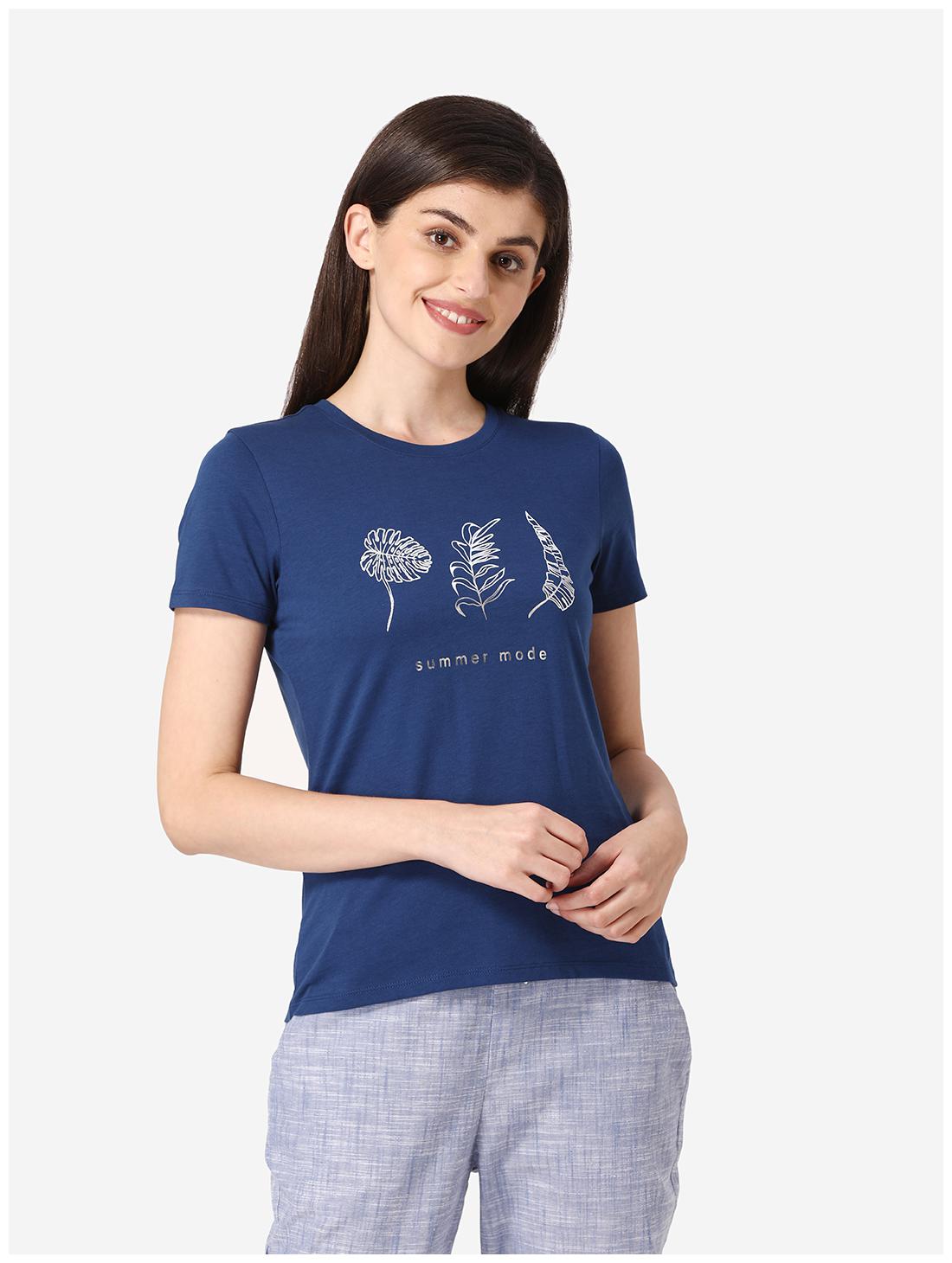 

Mode By Red Tape Women Cotton Round Neck Half Sleeves T Shirt (Navy Blue)