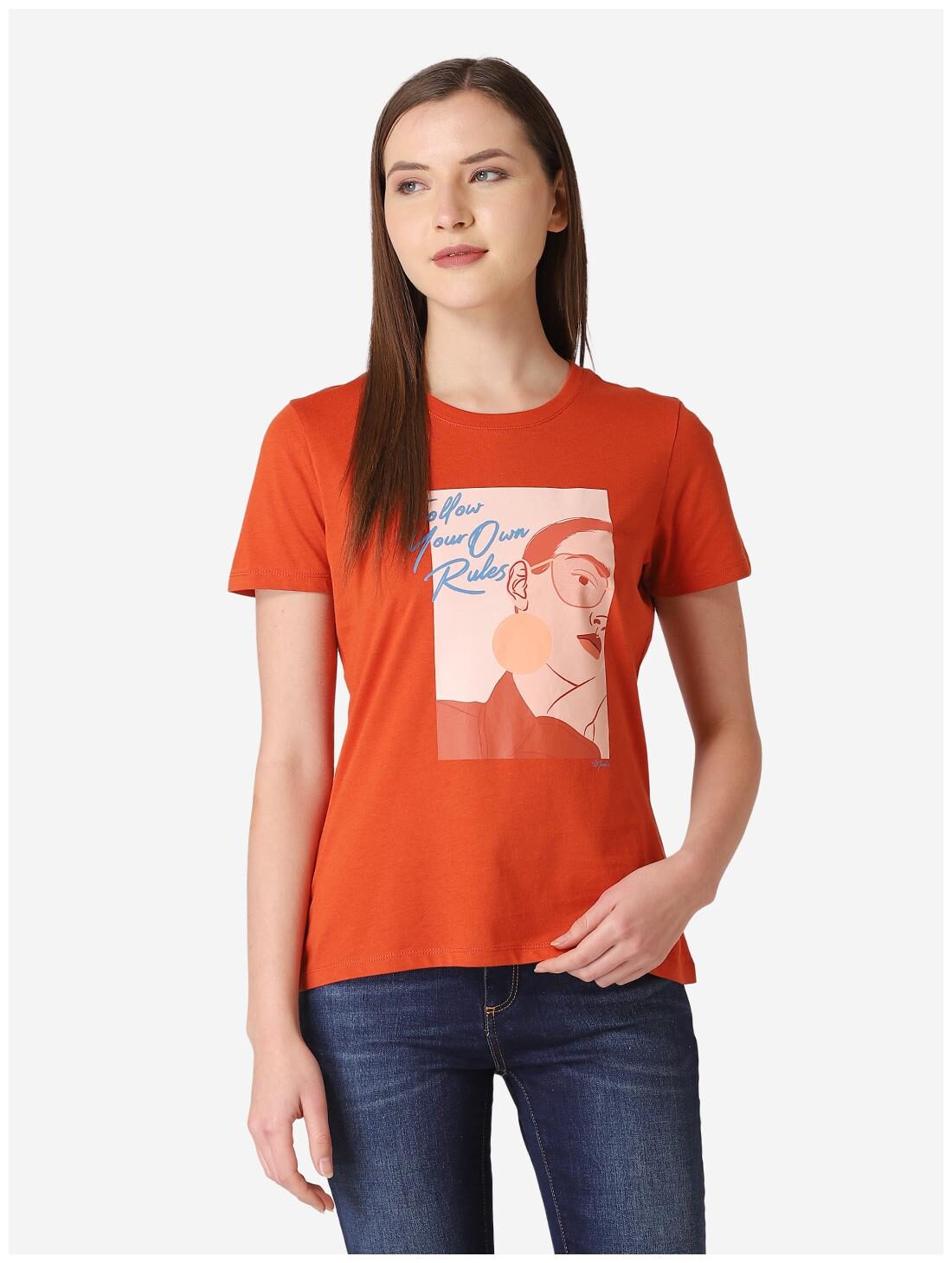 

Mode by Red Tape Women Orange Regular fit Round neck Cotton T shirt