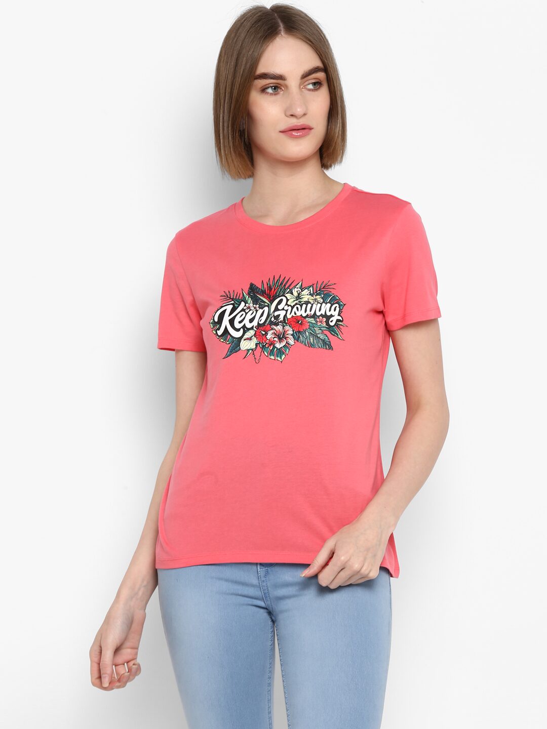 

Mode by Red Tape Women Pink Regular fit Round neck Cotton T shirt