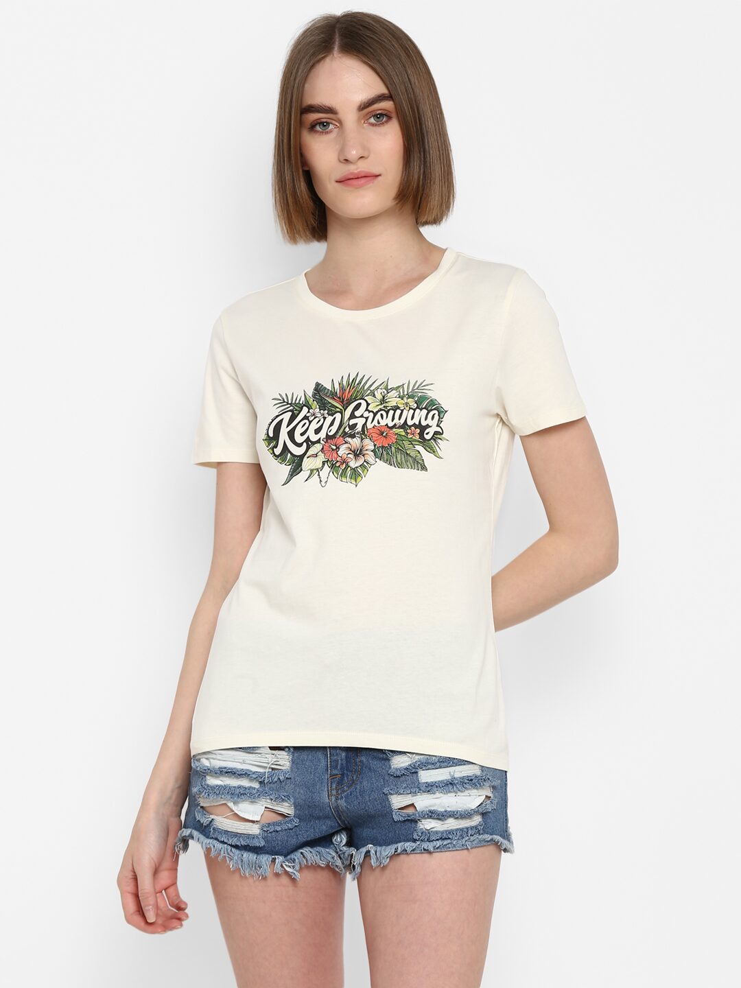 

Mode by Red Tape Women White Regular fit Round neck Cotton T shirt
