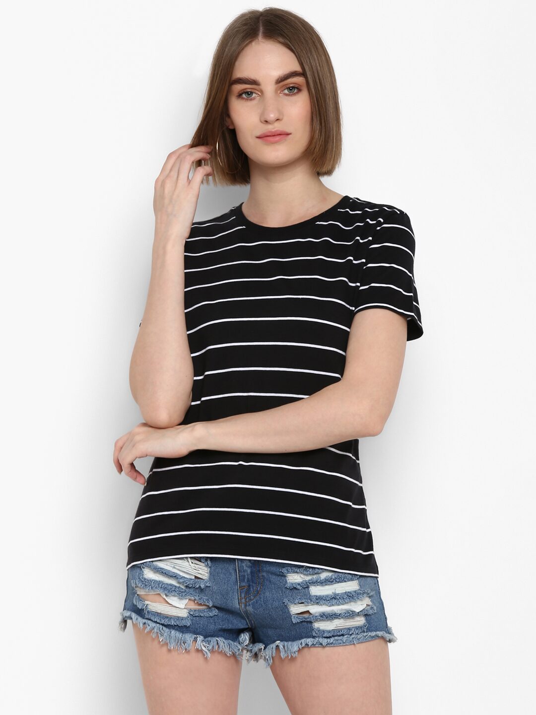 

Mode by Red Tape Women Black Regular fit Round neck Cotton T shirt