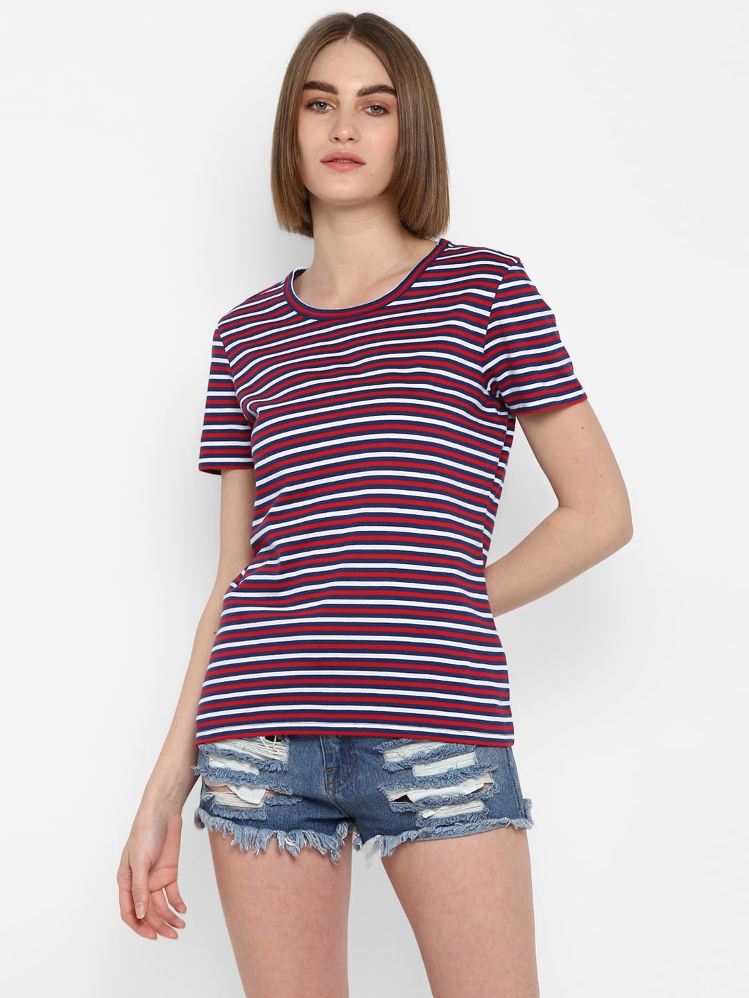 

Mode by Red Tape Women Blue Regular fit Round neck Cotton T shirt