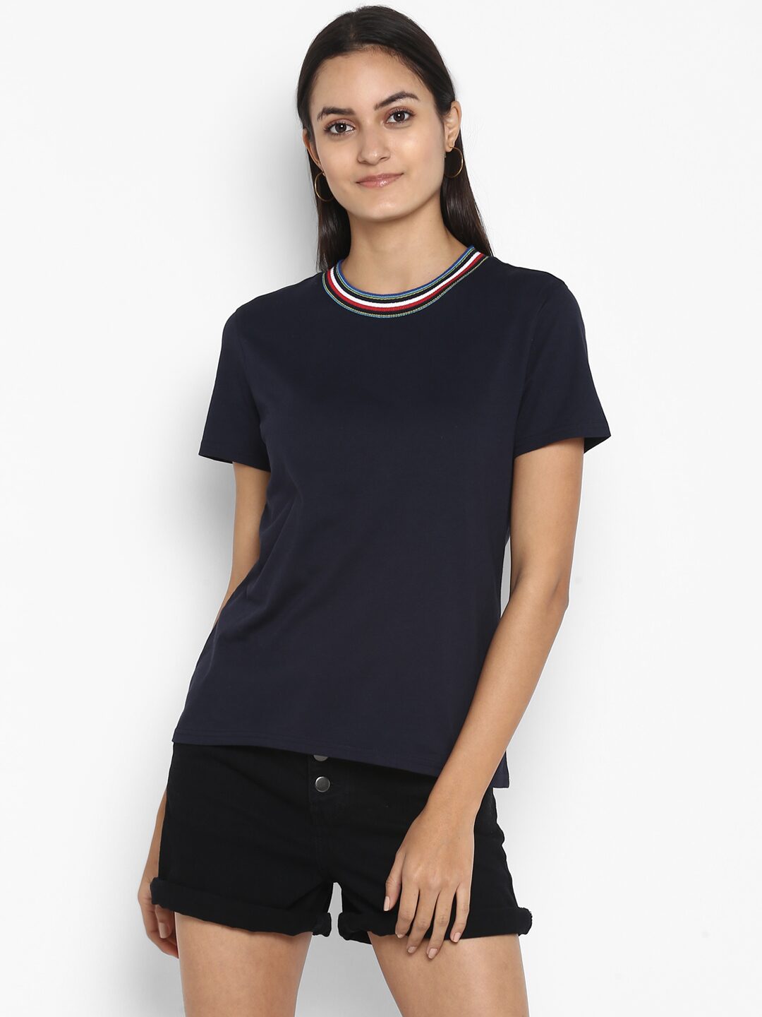 

Mode by Red Tape Cotton Solid Navy Blue T Shirt For Women