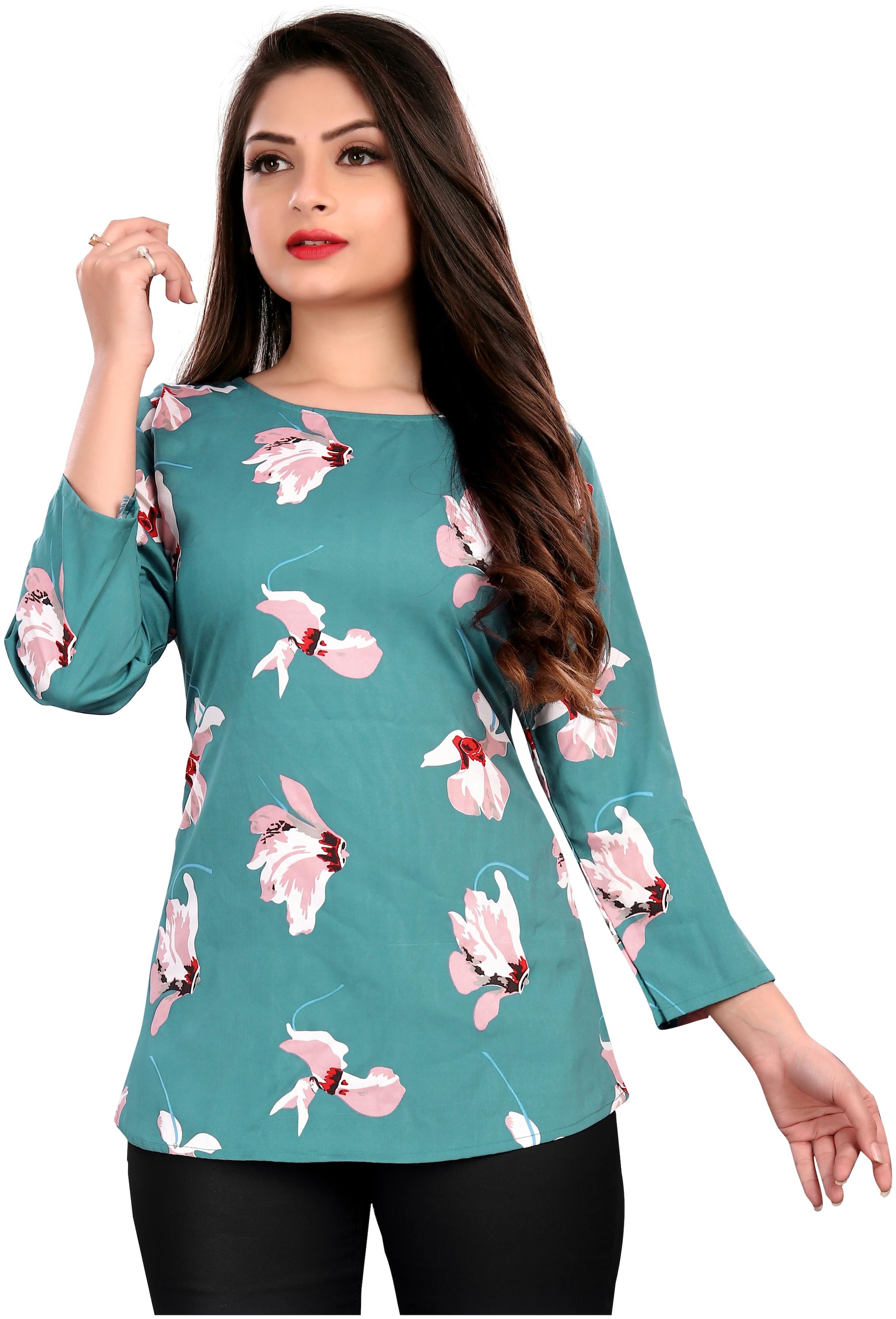 

Modelty Women Dark Green Crepe Floral Regular Top