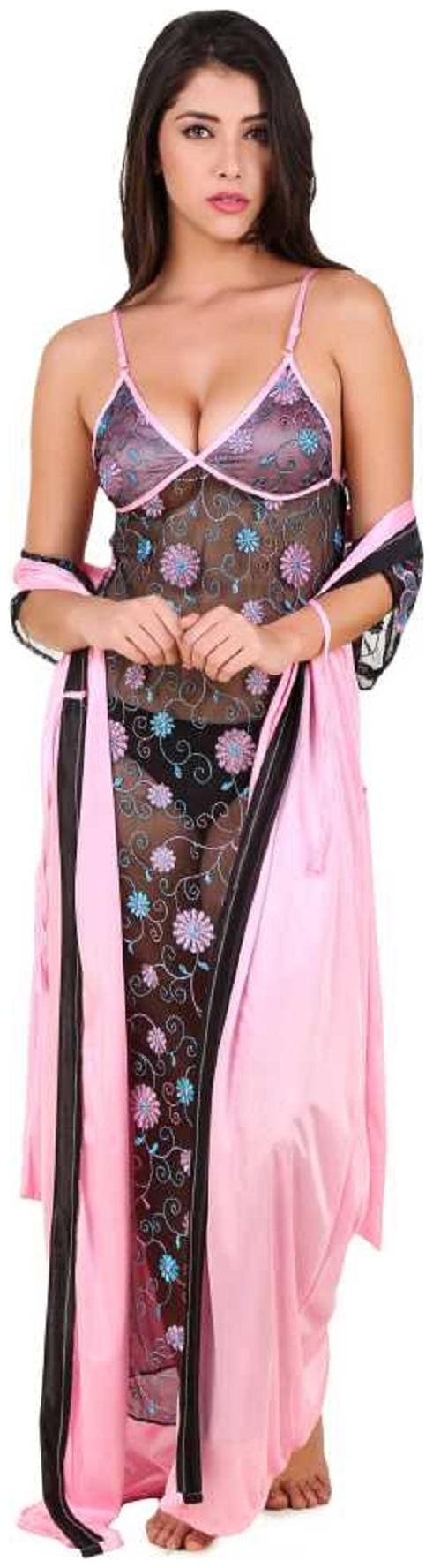 Mona Sexy & Stylish Net Nighty With Embroidered Work & Satin Long Robe