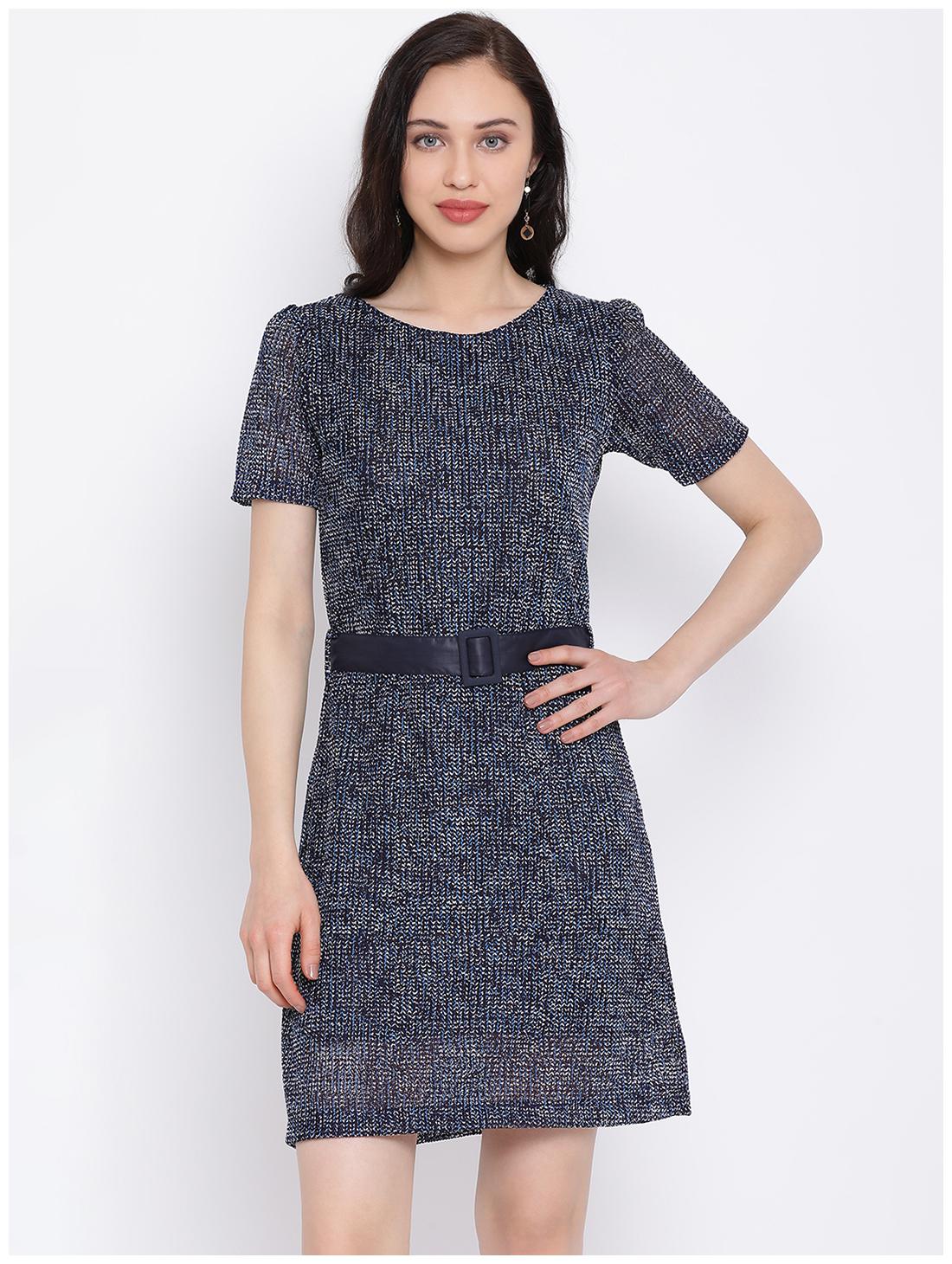 

Monte Carlo Navy Blue Printed Round Neck Dress