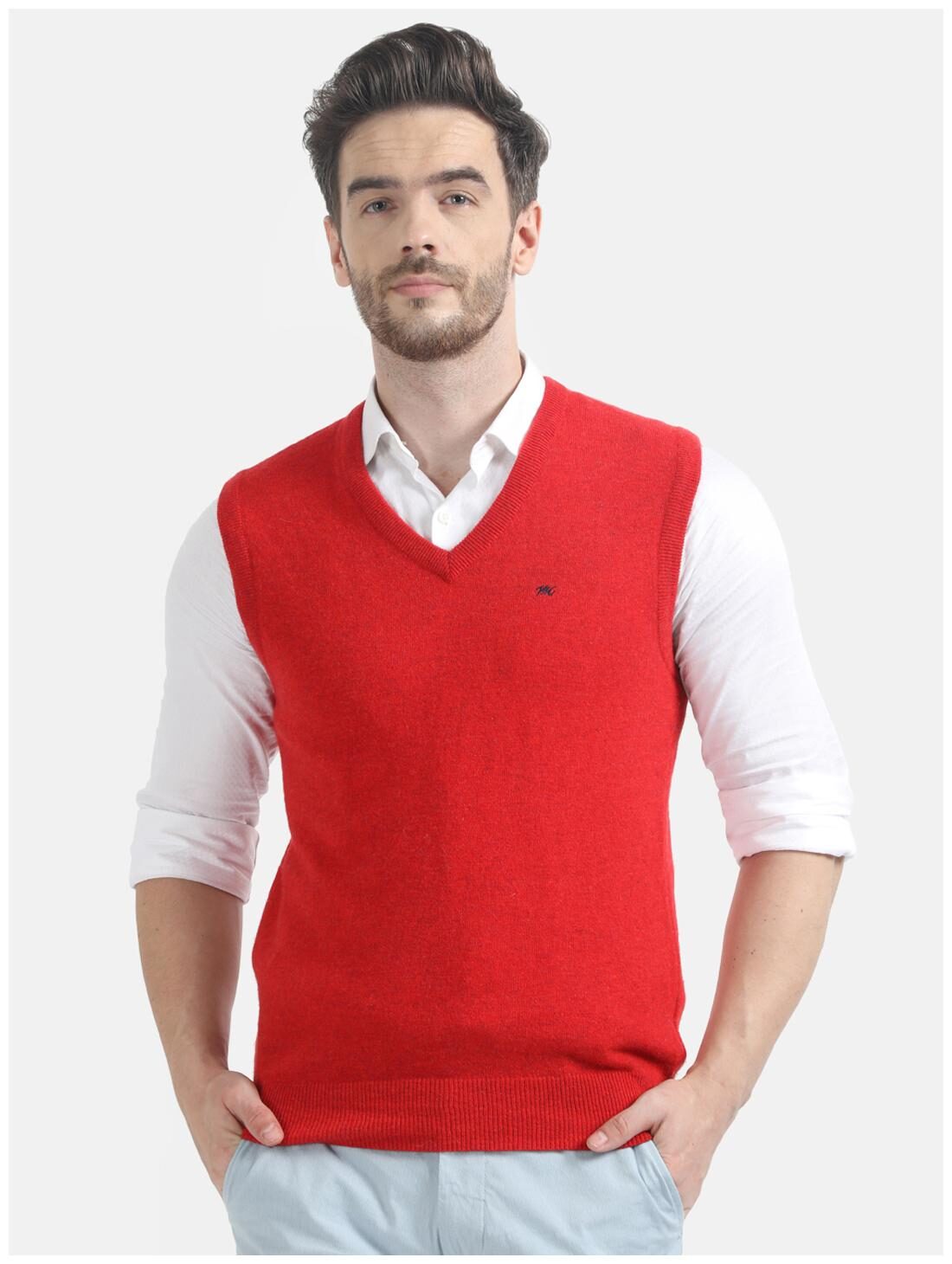 

Monte Carlo Men Red V neck Longline sweater