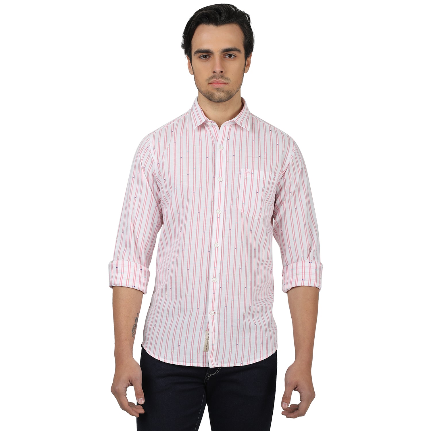 

Monte Carlo Men White Linen Striped Casual Shirt