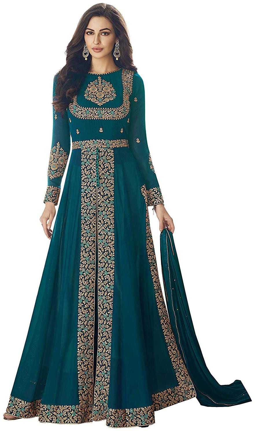 

Mordenfab Com Womens Turquoise Georgette Embroidered Semi Stitched Anarkali Salwar Kameez
