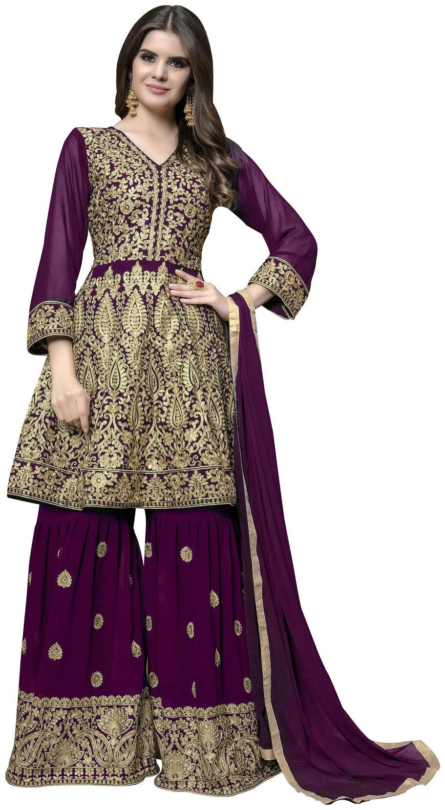

Mordenfab Com Poly Georgette Purple Kurta with Bottom Dupatta For Women